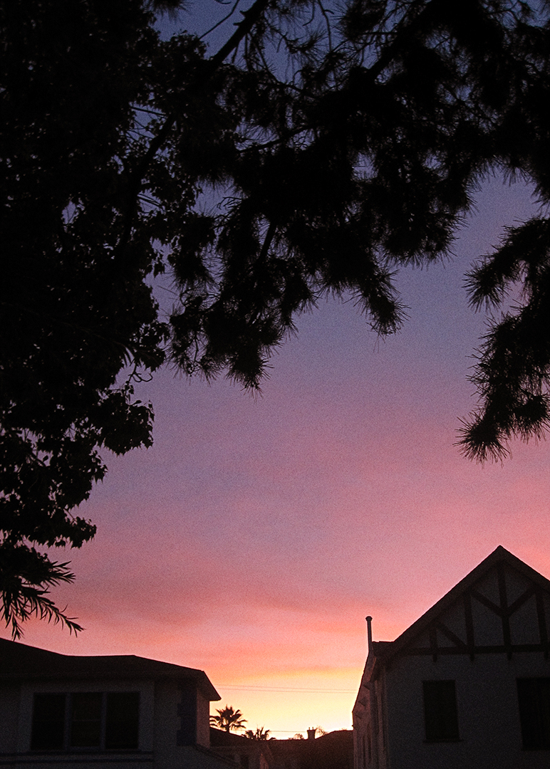 Sun rising behind apartment buildings.