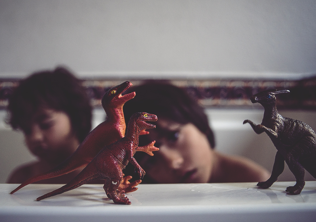 Boys playing with toy dinosaurs.