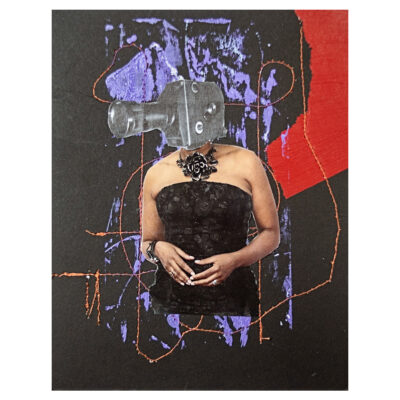 Original mixed media collage on photo mat board featuring a figure in a black dress.with a vintage film camera for a head, holding a sandwich, surrounded by hand-stitched gold thread lines against a deep blue and painted abstract background