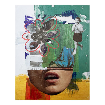 Original mixed media collage featuring a fragmented face composed of flower petals made from eyes, an open mouth, a vintage child figure, and bold acrylic paint strokes in green, yellow, and orange, with torn magazine text reading "Made of Glass"