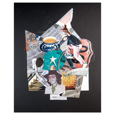 Original mixed media collage on black background featuring a skateboarder mid-fall, a blue and white teacup, a vintage man in pink sunglasses, a fencer, medieval artwork fragments, a teal painted star, and a guitar case edge, all layered in a torn irregular composition